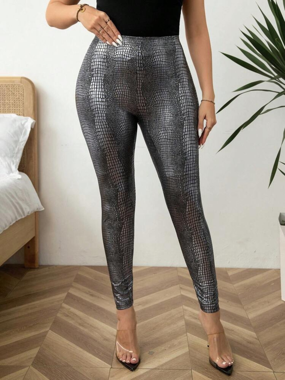 Metallic Black Croc-Print High-Waist Leggings